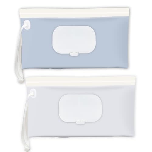 Baby Wipes Holder 2 Pack, Wipes Container & Wet Wipes Dispenser, Travel Wipes Case Reusable Wipes Pouch, Portable Wipe Holder for Diaper Bag, Blue & Beige