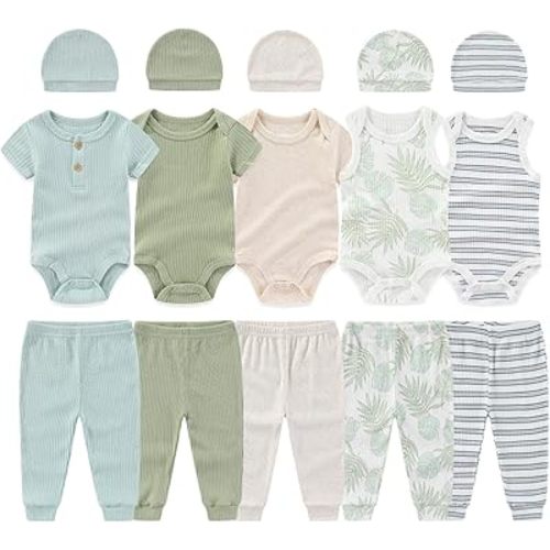 15Pcs Cotton Baby Boy Girl Pants Bodysuits Set Matching Hats