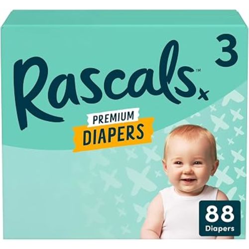 Rascals Disposable Baby Diapers Size 3 (88 Count), Absorbent Core, Up to 12 Hours Leak Protection, Gentle on Skin, Secure Fit, Soft Comfort