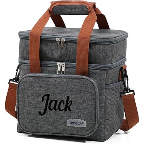 Personalized Insulated Lunch Box for Men & Women - Reusable Leakproof Cooler Bag with Custom Embroidery Name, Expandable Compartment, Adjustable Strap for Work, Picnic, Camping (Gray)