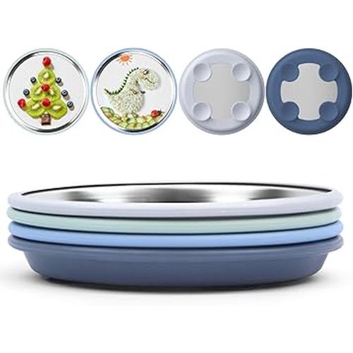 8" Stainless Steel Baby Suction Plate, Toddler Plates with Removable Silicone Sleeves, Non Toxic Unbreakable Led Weaning Supplies Kids Snack Dishes Set of 4, Sage Blue Gray Navy