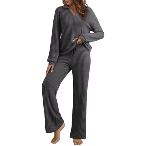 EVALESS Womens Pajama Sets Long Sleeve Sleepwear Matching Drawstring Elastic Pj Pants Ribbed Knit 2 Piece Lounge Set