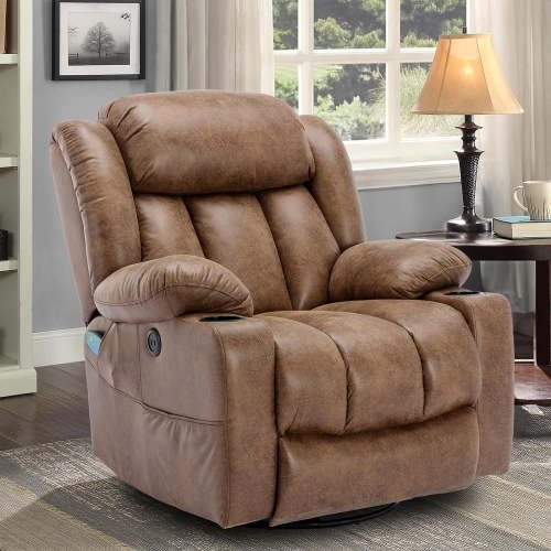 OUINCH 360° Swivel Glider Rocker Recliner with Massage, Heat, USB Ports & Cup Holders, Brown
