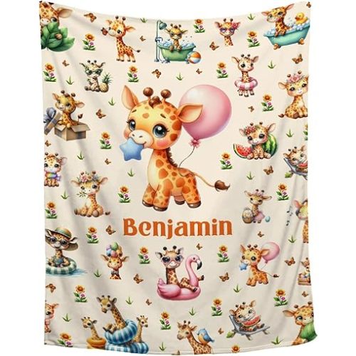 Personalized Baby Blanket for Girls Boys - Custom Giraffe Blanket with Name Stroller Crib Decor - Swaddle Throw for Toddlers Infants Newborns Nursery - 30"x40"-Toddlers/Pets Size