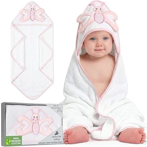 Mother's Choice Baby Towels 100% Organic Cotton Hooded Design, Large Size Baby Bath Towels, Ultra-Soft & Absorbent for Newborns, Infants, Toddlers, Boys & Girls with Animal Hood (Butterfly)