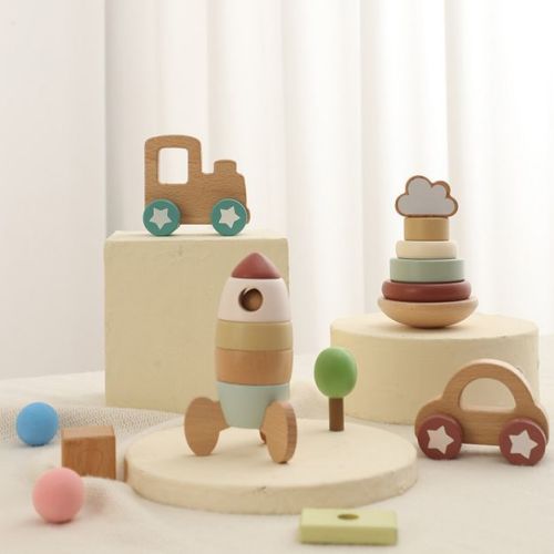 Freniland - Wooden Stacking Rocket & Vehicles Toy Set, 4 Piece Developmental Gift Box for 10M+ Toddlers