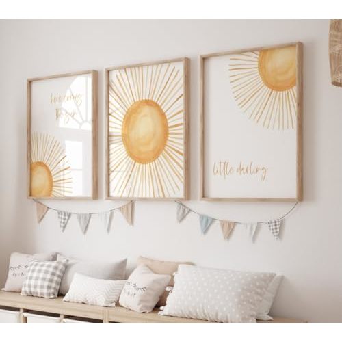 3 Pieces Sun Here Comes The Sun Little Darling Posters Prints Canvas Painting Modular Pictures Framed Artwork for Girl Nursery Baby Room Bedroom Decor No Frame