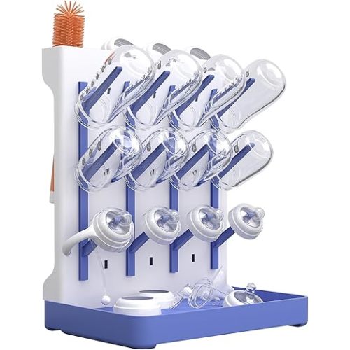 Baby Bottle Drying Rack: Vertical Space Saving Standing Bottle Organizer for Countertop – Holds Glass Baby Bottles, Utensils, Pump Parts, Brushes & Pacifiers, Kitchen – Premium Material (1, Blue)