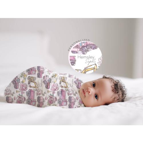 Baby Girl Construction Blanket Custom Pink Swaddle Dump Truck Excavator Peony Hospital Coming Home Infant Wrap Gift for Contractor Daughter