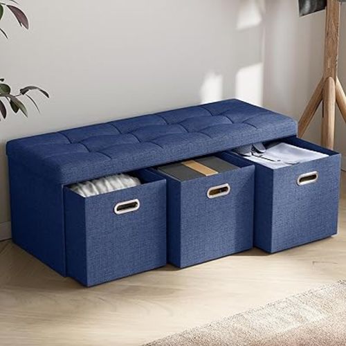 Ornavo Home Storage Ottoman with 3 Drawers, 40 Inches Long Foldable Tufted Linen Large Bench Ottoman with Storage, Foot Rest Stool Seat, for Living Room, Bedroom, Entryway, Navy Blue