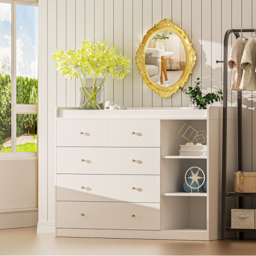 Ebern Designs 47.2'' Wood Changing Table Dresser with 5 Drawers, Baby Diaper Station | Wayfair