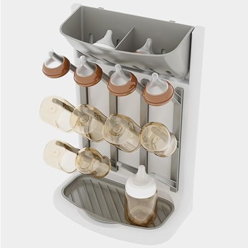IEEK Baby Bottle Drying Rack,Space Saving Countertop Drying Rack for Baby Accessory & Pump Parts,Suction Cup Wall Mounted Bottle Rack Holder Large Vertical Drying Tower,Grey and White