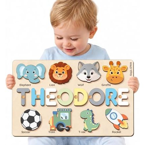Custom Name Puzzle for Toddlers - Personalized Baby Gift with Animal Art Backdrop | 48 Animal Themes | 1st Birthday Gift for Boy & Girl | Personalized Baby Gifts