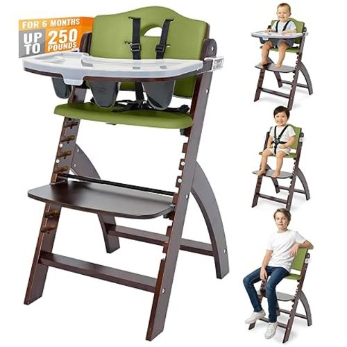Abiie Beyond Junior Wooden High Chair with Tray - Adjustable and Convertible High Chair for Babies and Toddlers - 6 Months to 250 Lb - Water Resistant - Mahogany Wood/Olive Cushion