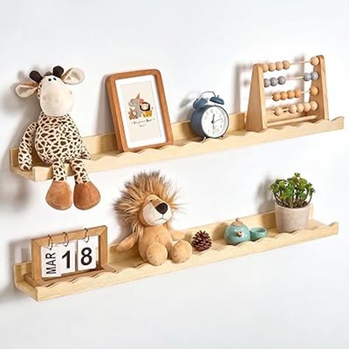 Fun Memories Picture Ledge Shelf for Wall, 36 inch Pine Wood Nursery Book Shelves Set of 2- Wall Book Shelves for Kids Room, Home Decor - Kitchen Spice-Natural