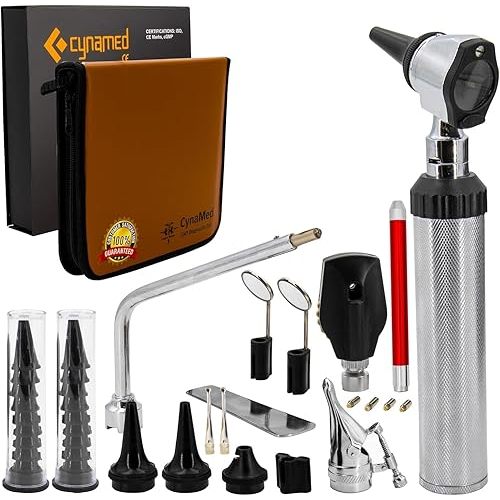 CynaMed ENT Diagnostic Kit - Ear, Nose, Throat Examination Instruments Set - Otoscope, Opthalmoscope, Earwax Remover, Nasal Dilator, Speculum, LED Lights, Mirrors, Replacement Tips, Leather Carry Bag