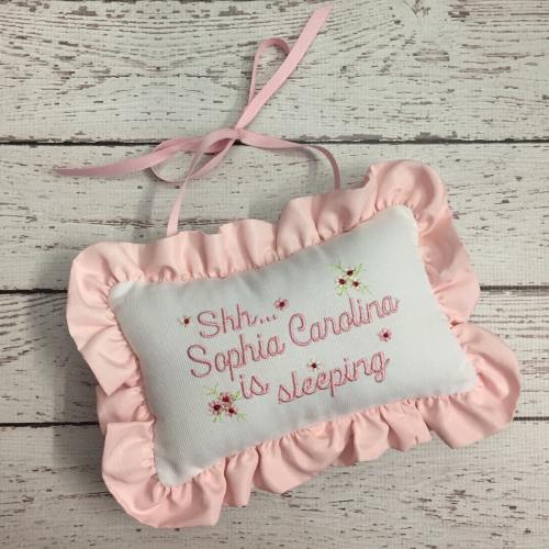 Shhh Pillow - Doorknob Personalized Pillow - Baby Sleeping Door Pillow Little Red Flowers