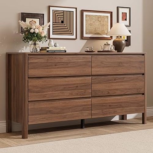 MAISONARIA Walnut Dresser for Bedroom, 55.1" Wide Dresser with 6 Drawers and Hidden Handles, Modern Wood Chest of Drawers for Clothes and Accessories, Stylish Storage Cabinet for Living Room, Entryway