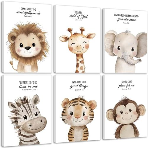 6Pcs Nursery Bible Verse Animal Wall Art Cute Woodland Animals Christian Picture Wall Decor Lions Elephant Giraffe Poster Print Artwork for Classroom BabyBedroom Boys Girls Home Decoration Unframed