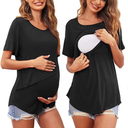 Edvintorg Nursing Clothes for Women Breastfeeding Fashion Solid Color Round Neck Short Sleeve Breastfeeding Tops Maternity Shirt