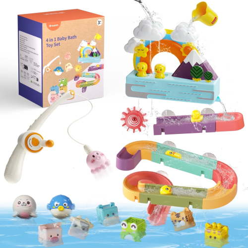 Dimoarch 4 in 1 Bath Toys for Toddlers, Magnetic Fishing Game, Waterwheel Shower Toy, Duck Slide Track Set, Soft Stacking Blocks, Sensory Montessori Toys for Boys and Girls