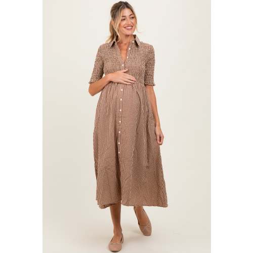 Mocha Gingham Smocked Button Down Maternity Midi Dress