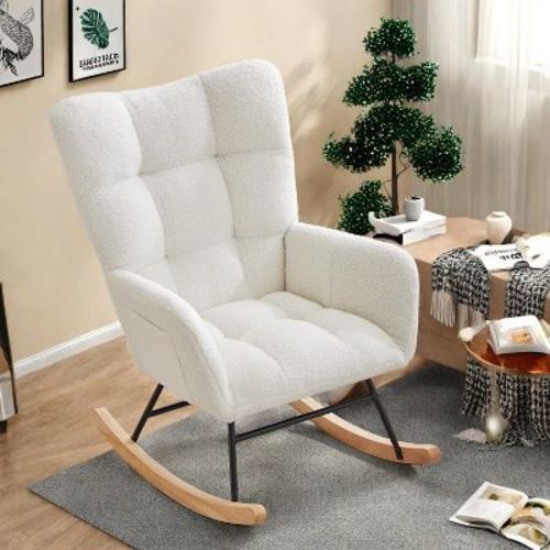 Rocking Chair Nursery, Teddy Upholstered Glider Rocker with High Backrest, Reading Chair Modern Rocking Accent Chairs with Side Pockets, White