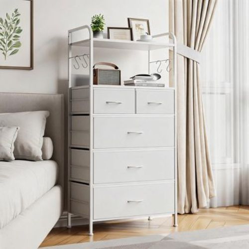 5 Drawer Bedroom Dresser with Fabric Storage Bins, Wood Top and Stable Steel Frame