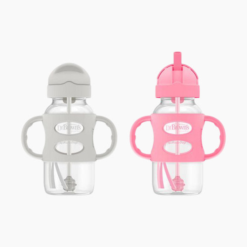 Dr. Brown's Wide-Neck Sippy Straw Bottles w/Silicone Handles (2-Pack) - Gray & Pink, 9 Oz, 2