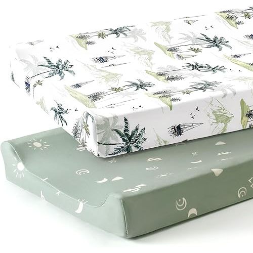 GRSSDER Stretch Ultra Soft Jersey Knit Changing Pad Cover Set 2 Pack, Change Table Pad Covers Fit 32"/34" x 16" Pads Safe and Snug, Sunny Holiday Pattern