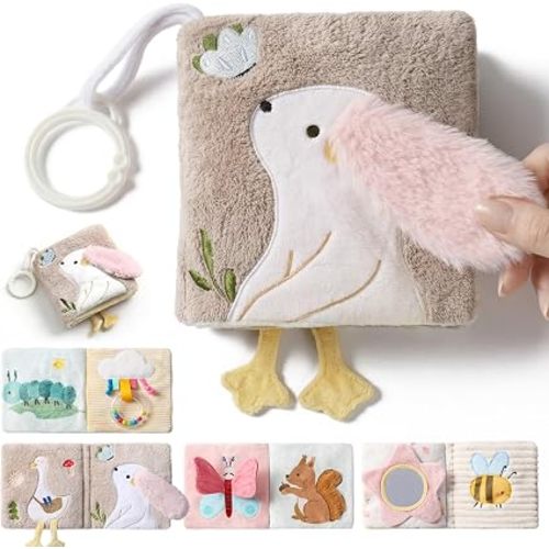 let's make Soft Baby Book, Sensory Crinkle Cloth Books for Babies 0-6 6-12 Months, Animal Tummy Time Toys with Baby Mirror & Squeaker, Touch and Feel Travel Stroller Toy, Newborn Gift Baby Shower