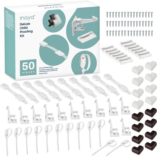 Inaya Complete 50pc Deluxe Baby Proofing Kit - Flexible Hidden Baby Locks for Cabinets and Drawers, Adjustable Child Safety Latches, Corner Guards & Furniture Anchors