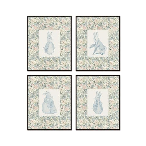 Belle Maison Art Peter Rabbit Collage Blue Set No. 1, Nursery Prints Wall Decor for the Baby Nursery, 8X10 SET OF 4, Premium Cotton Paper Prints, Unframed