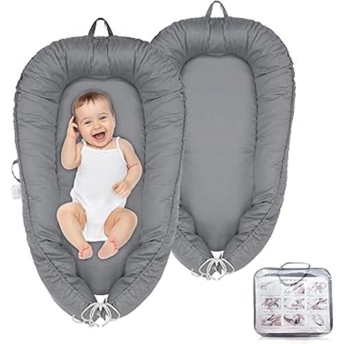 Baby Lounger – Infant Lounger for Newborn 0–24 Months, Baby Nest Lounger, Portable Newborn Lounger, Soft Breathable Cotton, Essentials for Babies at Home and Travel, Grey Solid