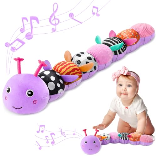 AWOTOY Baby Toys 0-6-12 Months,Musical Caterpillar Stuffed Animals Activity Infant Toys with Crinkle,Rattles,Muti-Teething Sensory Toy,Boy Girl Gifts for Newborn Tummy Time,Purple