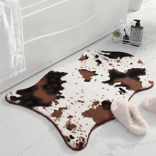 Coffee and White Cow Cute Bath mat,Faux Rabbit Fur Non-Slip Shaggy Water Absorbent Microfiber Soft Fluffy Bathroom Rugs,Washable for Home Decor Living Room Soft Plush Rug 23.6x35.4 inch
