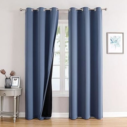 ChrisDowa 100% Blackout Curtains 72 inch Long for Bedroom with Black Liner, 2 Thick Layers Total Blackout Thermal Insulated Grommet Window Curtains 2 Panels Set (Stone Blue, 42 x 72 Inch)