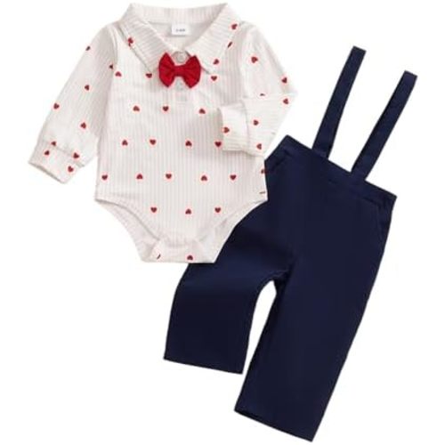 Newborn Baby Boy Valentines Day Outfit Gentleman Heart Bowtie Romper Shirt Suspender Overalls Pants Set Fall Clothes