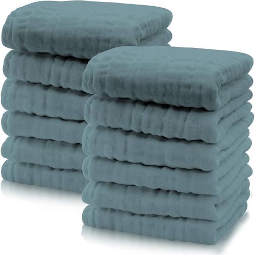 Cute Castle 12 Pack Muslin Baby Washcloths - Large 12'' by 12'' - Ultra Soft 100% Cotton - Super Absorbent Burp Cloths for Unisex, Boy, Girl -Dark Green