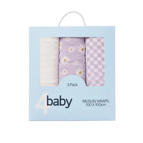 4Baby Muslin Wrap Daisy 3Pk Lilac | Baby Bunting AU