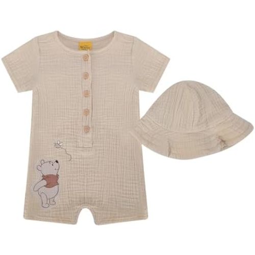 Magic Threadz Disney Clothes Baby Boys Woven Gauze Romper with Hat, Mickey & Winnie the Pooh, Newborn Infant Outfit (0-9M)
