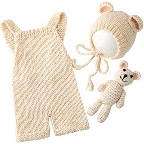 Vemonllas Newborn Photography Props Boys Girls Outfits Baby Photo Props Knit Bear Hat Romper Photoshoot Costume Set
