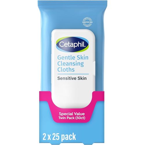 Cetaphil Face and Body Wipes, Gentle Skin Cleansing Cloths, 50 Count, Twin Pack, for Dry, Sensitive Skin, Flip Top Closure, Great for the Gym, Travel, in the Car, Hypoallergenic, Fragrance Free