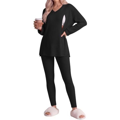 Neer 2 Pcs Maternity Nursing Pajamas Sets Oversize Waffle Breastfeeding Postpartum Outfits Long Sleeve Shirts Legging Pants