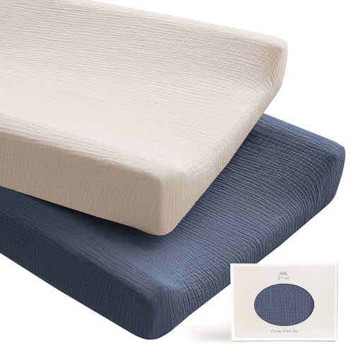 Konssy 100% Cotton Muslin Changing Pad Cover 2 Pack, 32"x16" Standard Fit | Ultra Soft & Breathable, Diaper Changing Table Sheets, Neutral Nursery Design, for Baby Boys Girls (Navy,Cream)