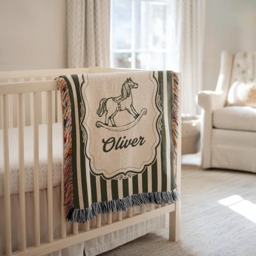 Personalized Rocking Horse Woven Blanket, Horse Nursery Decor, Horse Baby Shower Gift, Western Boys Woven Blanket, Newborn Name Blanket