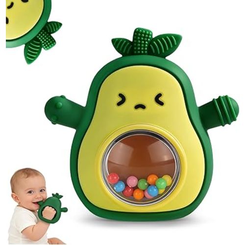 Baby Teething Toys, Easy Hold Stay-On Silicone Hand Mitten Teether with Rattle, Sensory Teething Relief for 3–6 and 6–12 Month Babies