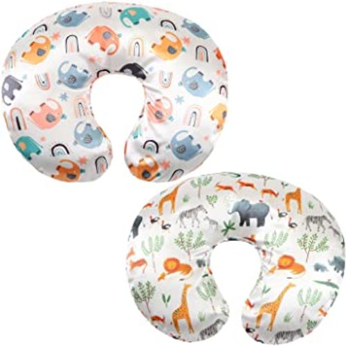 Satin Nursing Pillow Cover Set 2 Pack Ultra Soft Silk Compatible with Boppy Pillow Protect for Baby Hair and Skin Elephant & Rhino Lion