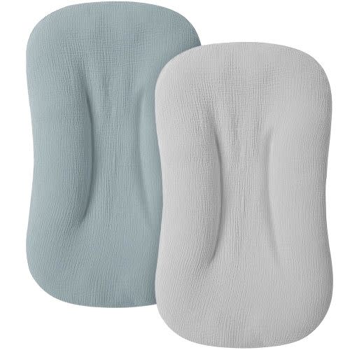 MairMore Muslin Baby Cover for Newborn, Soft and Breathable 100% Cotton Lounger Slipcover Neutral, Pack of 2(Blue, Grey)