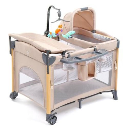 JOYMOR 7 in 1 Bedside Bassinet with Changing Table, All in One Nursery Center, Bedside Sleeper with Mattress, Sheet, Canopy Beige